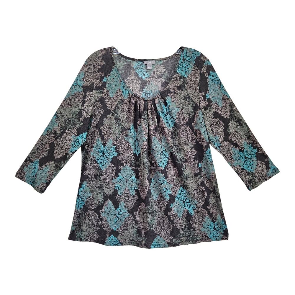 J JILL Women's M Blouse Brown Green Teal 3/4 Sleeve Lightweight Chiffon 40"